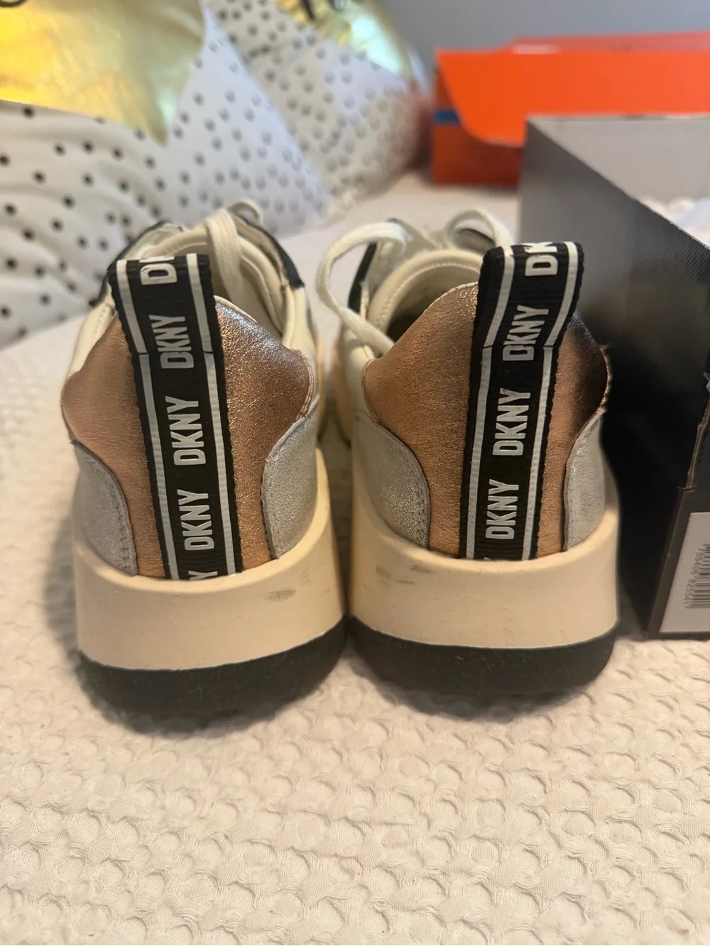 DKNY White, Rose Gold & Silver Leather Platform retro Sneakers
